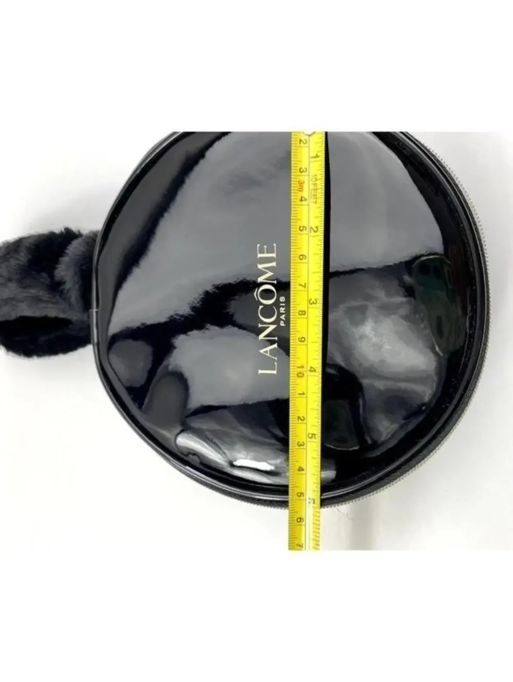Lancome Paris Makeup Bag Black Circular Makeup Travel Carrier Case Fur Wristlet